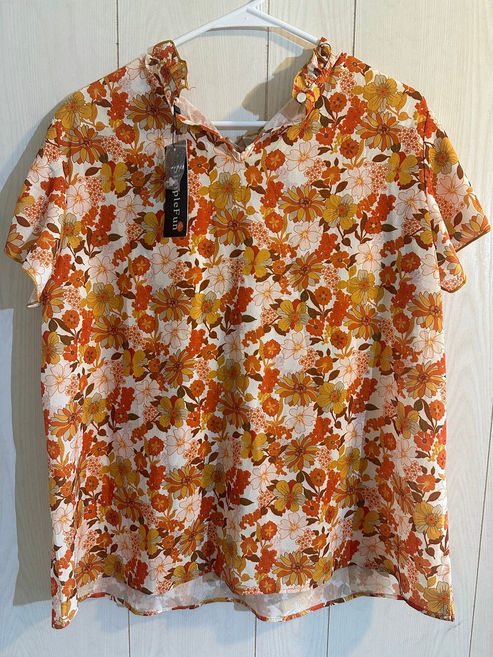 SimpleFun Women's XL Orange Floral Ruffle Mock Neck Blouse NWT Retro Boho Top